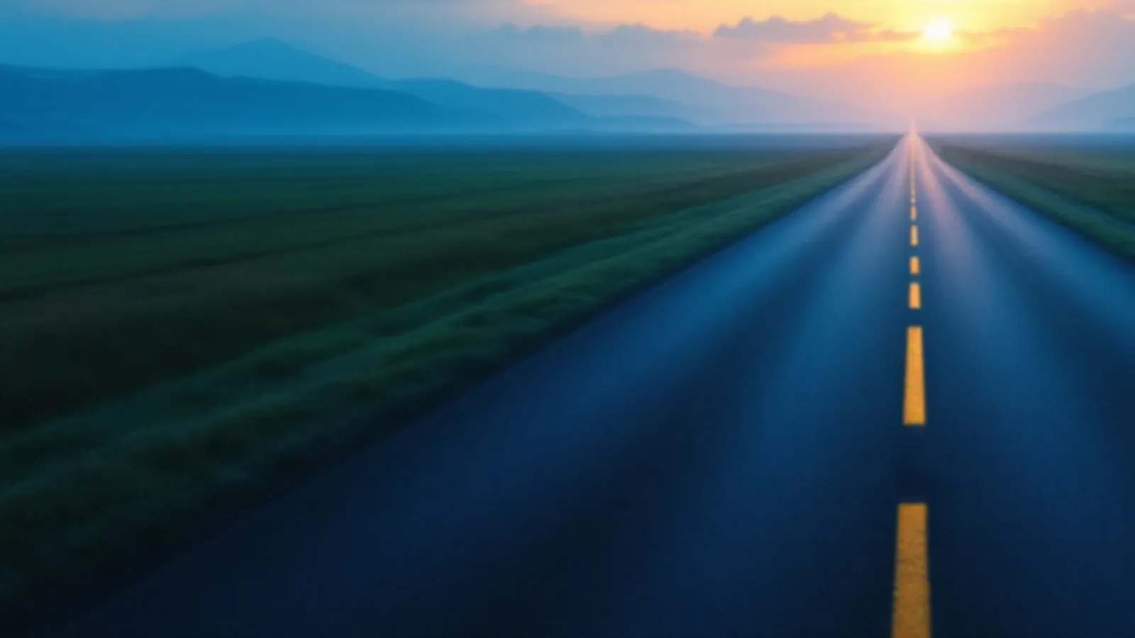 A long straight empty road across a green plain toward distant blue hills at dawn, the GearboxPay view of payday loans online, $100 – $5,000